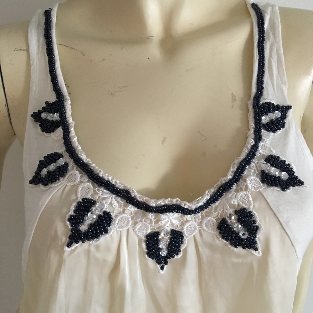 Willow & clay satin cream tank top with navy beading. Size medium